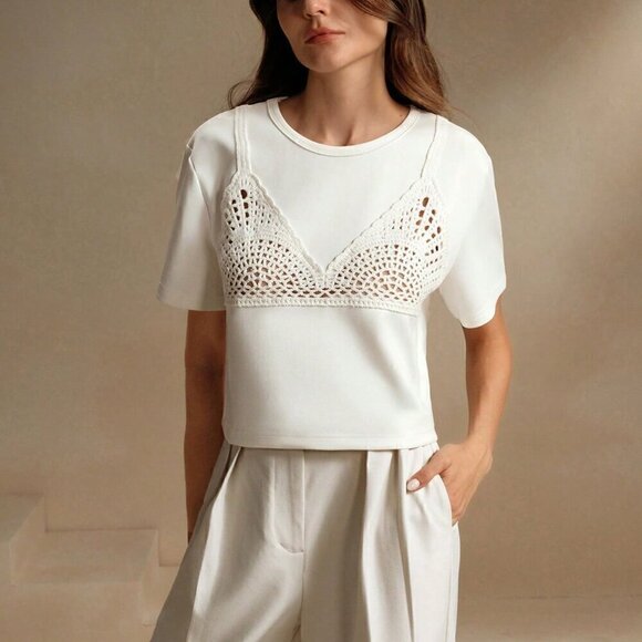 White Casual Women's Round Neck Short Sleeve Lace Patchwork Loose Crop Top - Picture 4 of 7